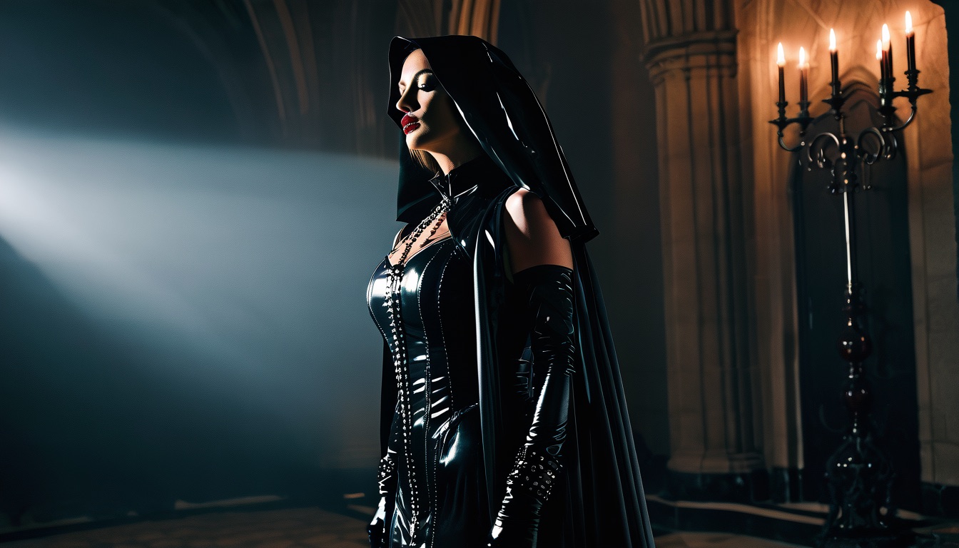 A Mistress in a black latex habit and veil in a candlelit chapel
