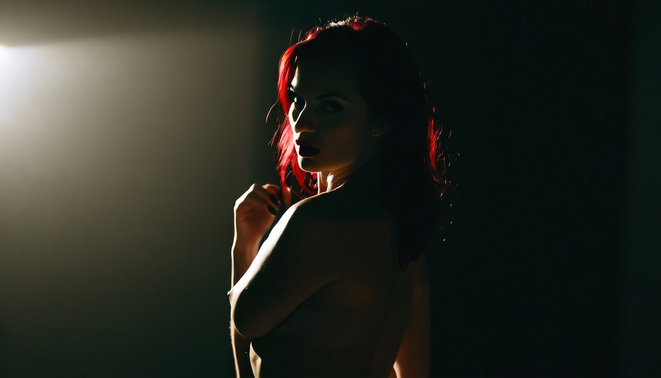 A Mistress with one gloved hand raised toward the viewer's throat