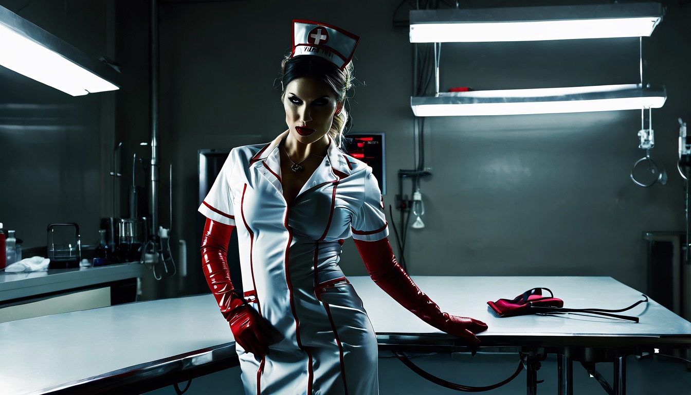 A latex clinic Mistress with red tubing, forced enema phone sex