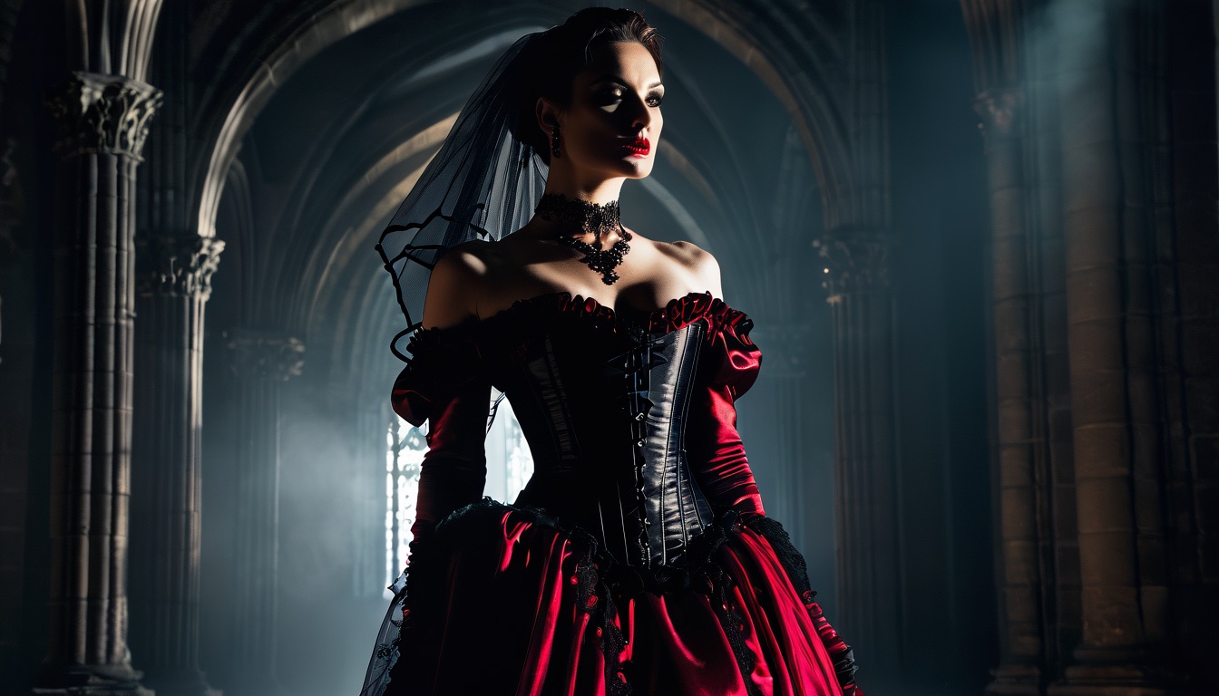 A gothic Mistress in lace and a corset in a candlelit cathedral