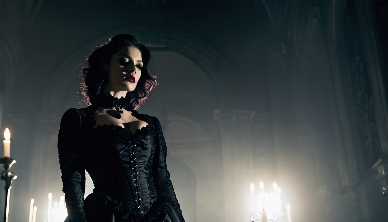 A veiled Mistress in black lace in a candlelit hall, mistress phone sex